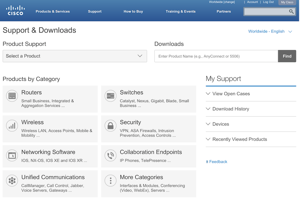 Cisco Support Home screenshot at wide viewport dimensions