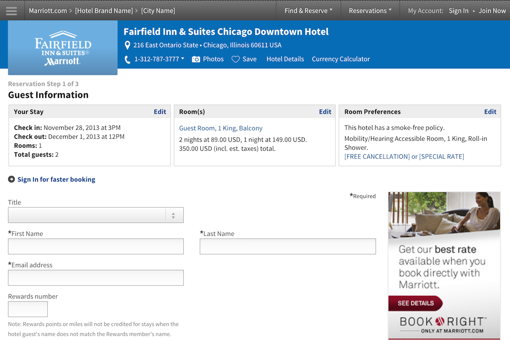 Marriott Shop & Book Guest Information screenshot at wide viewport dimensions