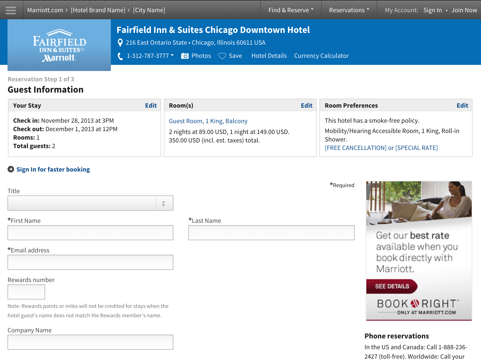 Marriott Shop & Book Guest Information screenshot at wide viewport dimentions