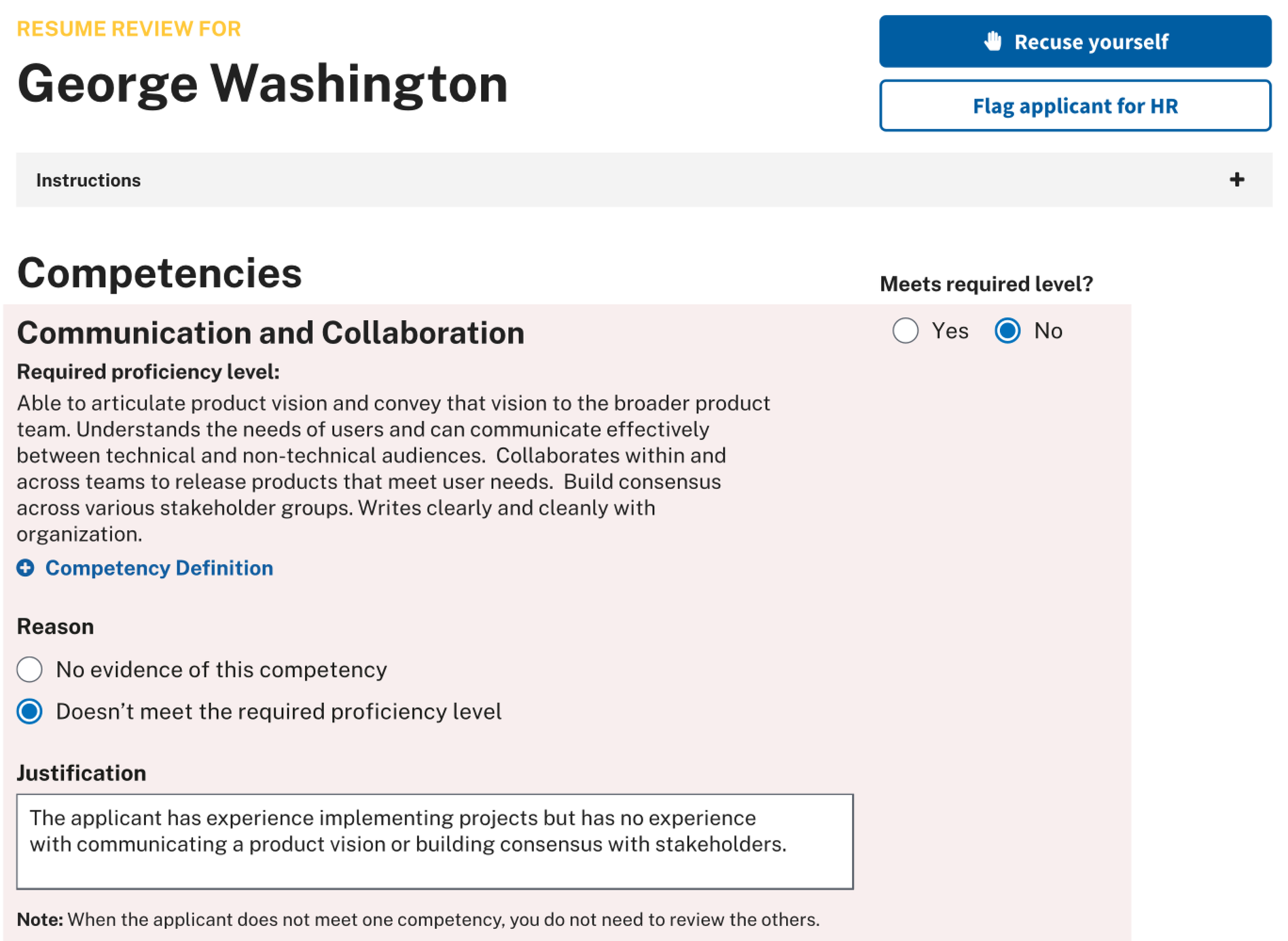 The Resume Review Tool as a subject matter expert sees it. A named applicant is shown with buttons to recuse yourself or flag the applicant for HR. Below, a competency called Communication and Collaboration lists its required proficiency level, a yes or no control for whether the applicant meets it, radio buttons giving a reason, and a free text justification field.