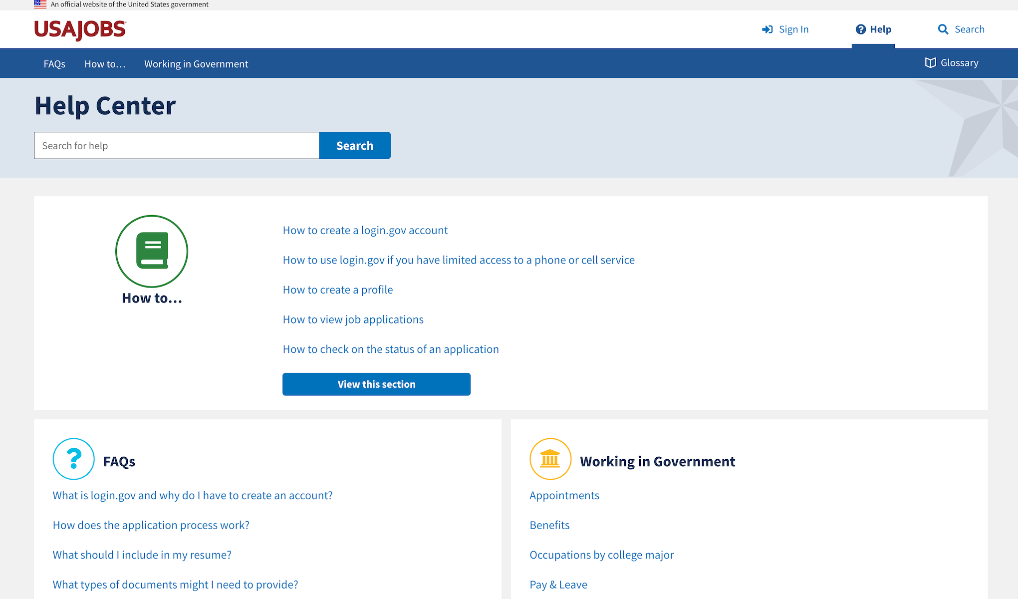 USAJOBS Help Center home page screenshot at wide viewport