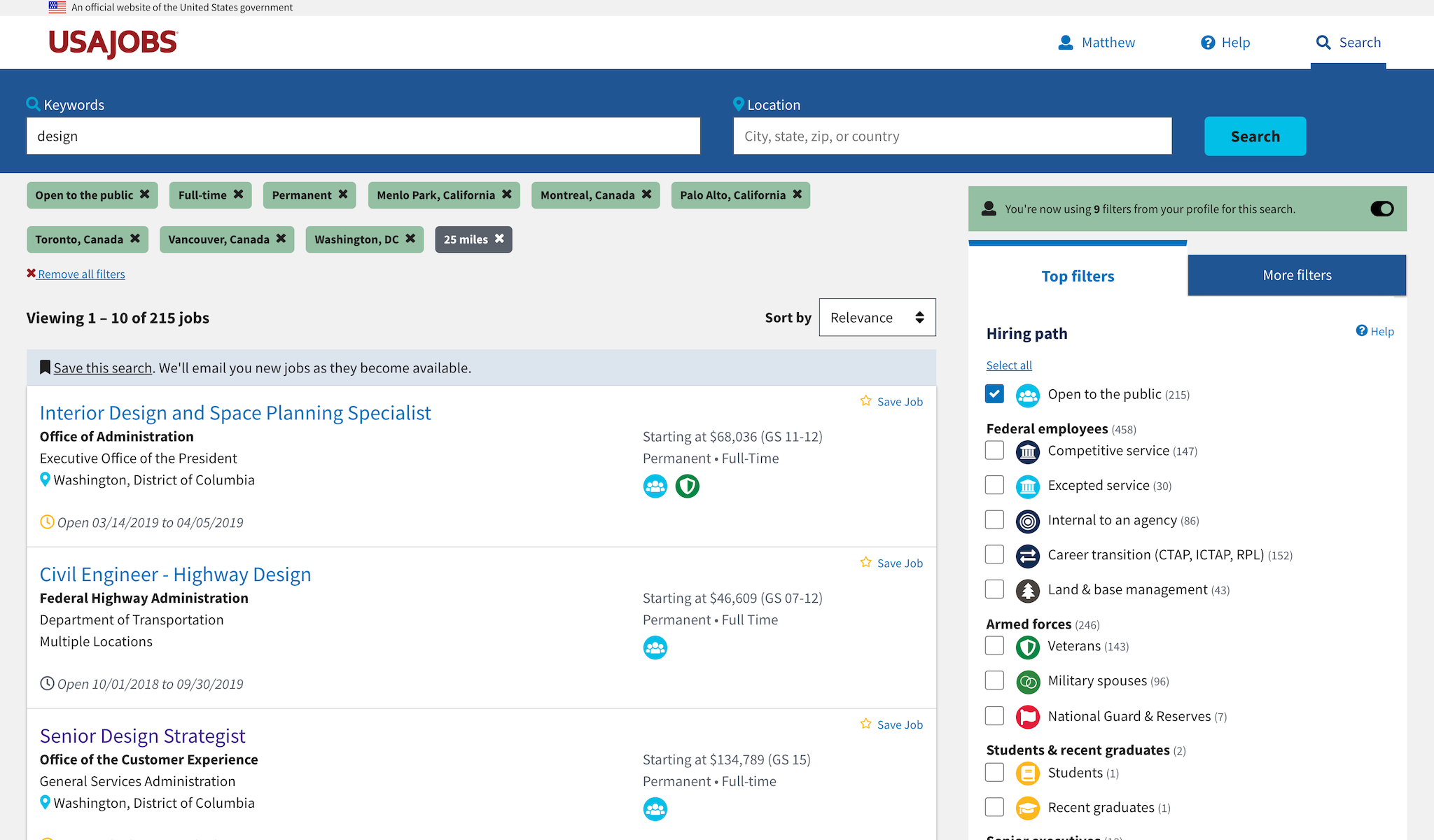 USAJOBS search interface screenshot at wide viewport