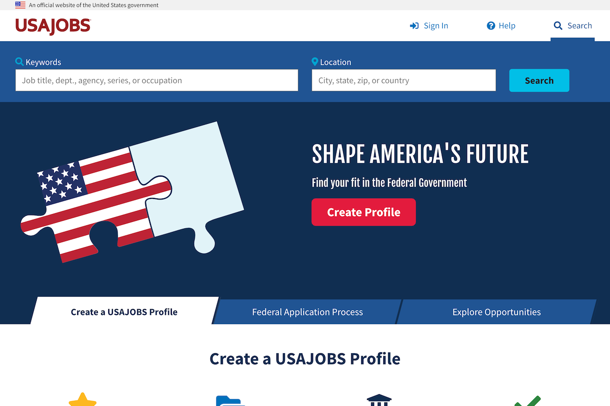 USAJOBS landing page screenshot at wide viewport